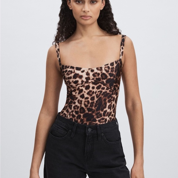 GOOD AMERICAN LEOPARD-PRINT BODYSUIT IN ANIMAL PRINT/BLACK - Picture 1 of 1